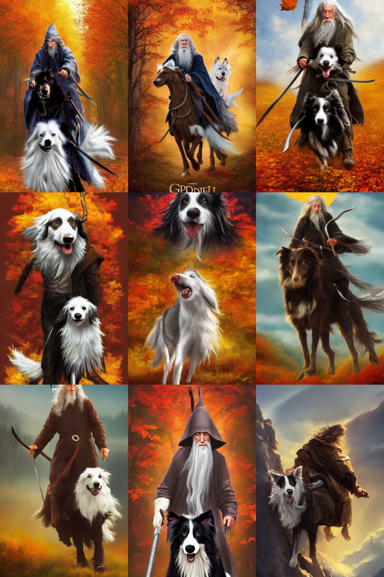 Prompt: movie poster, gandalf riding a border collie, autumn colors, artstation