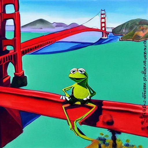 Image similar to “Painting of Kermit the Frog doing a cannonball off of the Golden Gate Bridge, by Bob Ross”