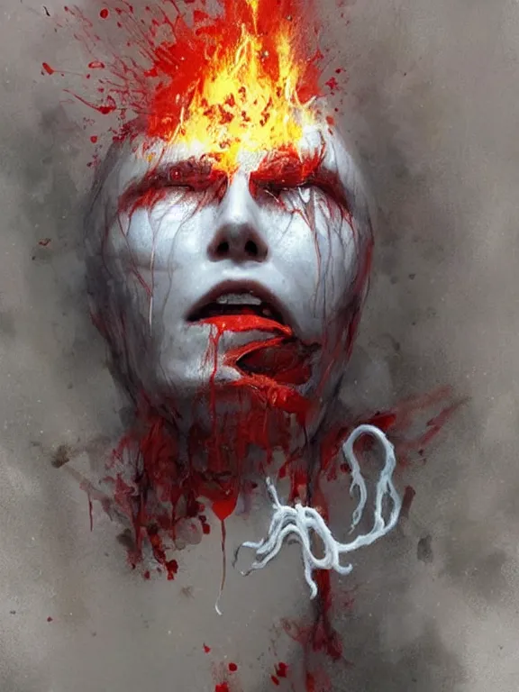 Image similar to painting by greg rutkowski of a flying sorrowful looking human head with tears running down it's eyes, face that is chalk white in color, with long sprawling white tentacles stemming down it's neck, fiery scorching red eyes, flying in a terrying hellish dark cavernous place