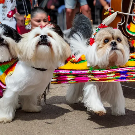 Prompt: a cream-colored Havanese dog and shih tzu dog playing in a mariachi band, at fiesta in Mexico, Leica 35mm, 4K