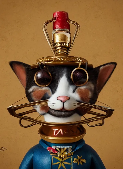 Image similar to closeup portrait of tin toy napoleon cat holding cheese, depth of field, zeiss lens, detailed, symmetrical, centered, fashion photoshoot, by nicoletta ceccoli, mark ryden, lostfish, earl nore, hyung tae, frank frazetta, breathtaking, 8 k resolution, extremely detailed, beautiful, establishing shot, artistic, hyperrealistic, octane render