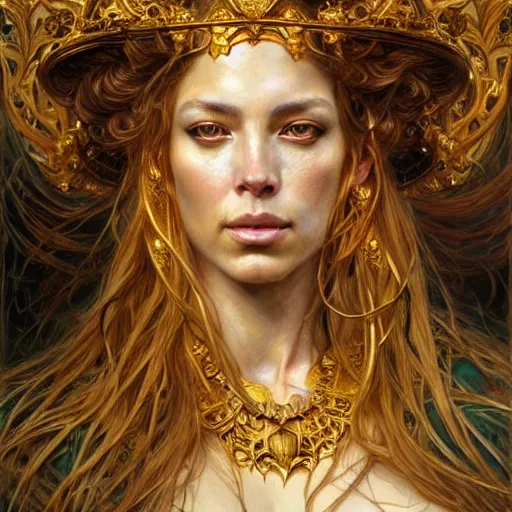 Image similar to highly detailed portrait of a majestic lioness queen in the form of a beautiful woman. d & d. art by donato giancola, eugene delacroix, ruan jia, rebecca guay. trending on artstation, intricate details, energetic composition, golden ratio, concept art, illustration, elegant art, global illuminaition