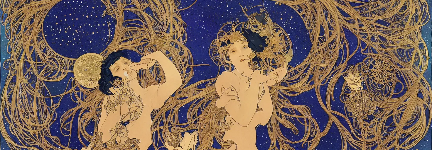 Prompt: the night, awardwinning portrait by sana takeda and alphonse mucha, golden astronomical star constellations and watch gears, traditional moon and candle, blueskinned maiden and fool and crone, ultramarine starry night, peyote colors, intricate stained glass