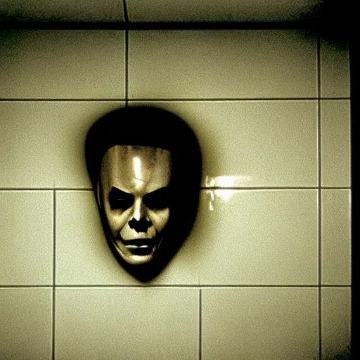 Image similar to Michael Myers peering over bathroom stall wall. Movie still, realistic, grainy.