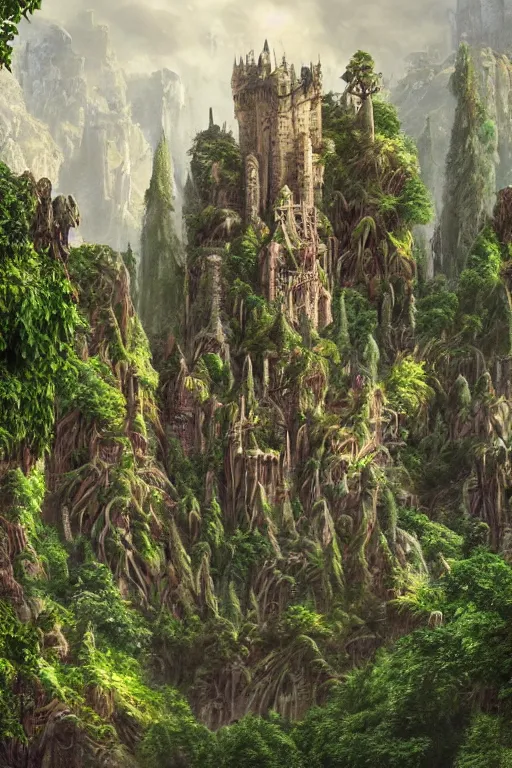 Image similar to gigantic castle, adorned pillars, towers, gnarly trees, lush vegetation, forrest, landscape, alex ross, neal Adams, david finch, concept art, matte painting, highly detailed, rule of thirds, dynamic lighting, cinematic, detailed, denoised, centerd