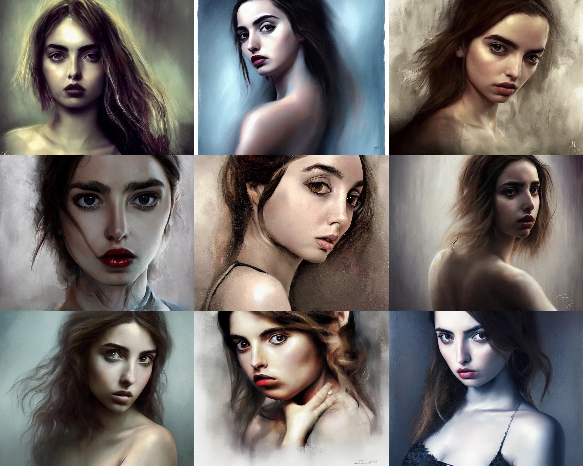 Prompt: a beautiful somber doomed portrait of ana de armas, concept art, smooth, details, surreal, painting by Alan Linnstaedt!!!