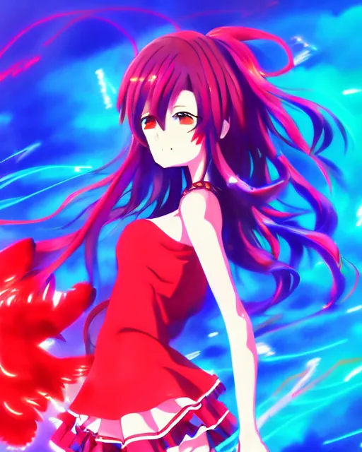 Image similar to anime style, vivid, expressive, full body, 4 k, painting, a cute magical girl idol with a long wavy hair wearing a dress fighting monsters, blue and red, balance, correct proportions, stunning, realistic light and shadow effects, neon lights, studio ghibly makoto shinkai yuji yamaguchi