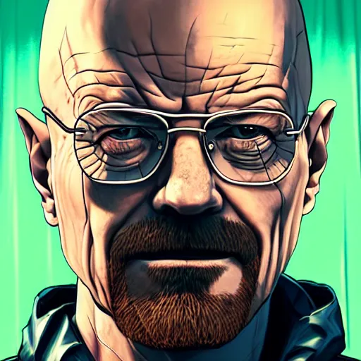 Image similar to walter white close - up, breaking bad, gta 5 cover art, smiling borderlands style, cellshading, trending on artstation, by rhads, andreas rocha, rossdraws, makoto shinkai, laurie greasley, lois van baarle, ilya kuvshinov and greg rutkowski