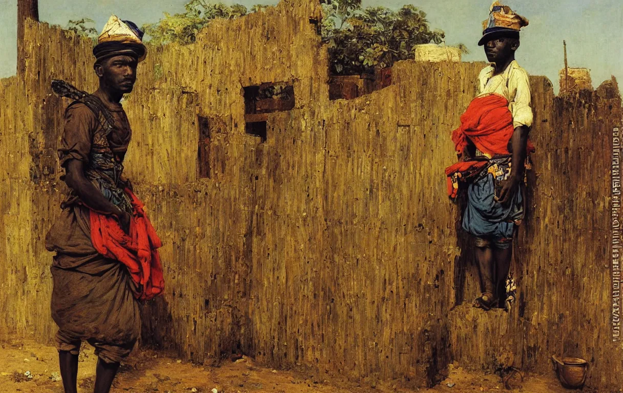 Prompt: nigerian soldier guarding gate at abeokuta, from above, 1885, bright colors oil on canvas, by Ilya Repin