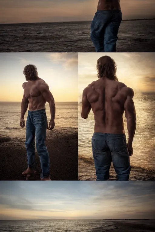 Image similar to a very muscular and defined man wearing ripped pants and shirt looking to the sea at sunset, godrays, complementary colors, natural lighting, portait image, path tracing, serene landscape, high quality, highly detailed, 8K, soft colors, warm colors, turbulent sea, high coherence, anatomically correct, hyperrealistic, concept art, defined face, five fingers