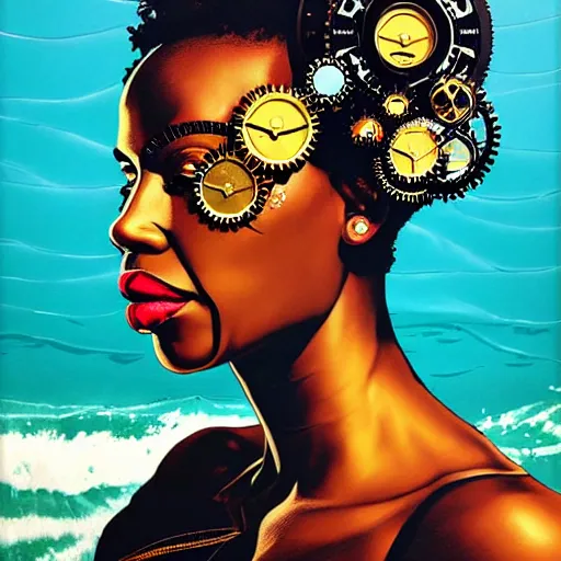 Image similar to portrait of a black woman :: side profile :: in ocean :: clockwork details :: gold :: blood and horror :: by vikings and Sandra Chevrier