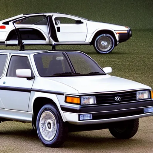Prompt: toyota highlander with delorean doors as a time machine