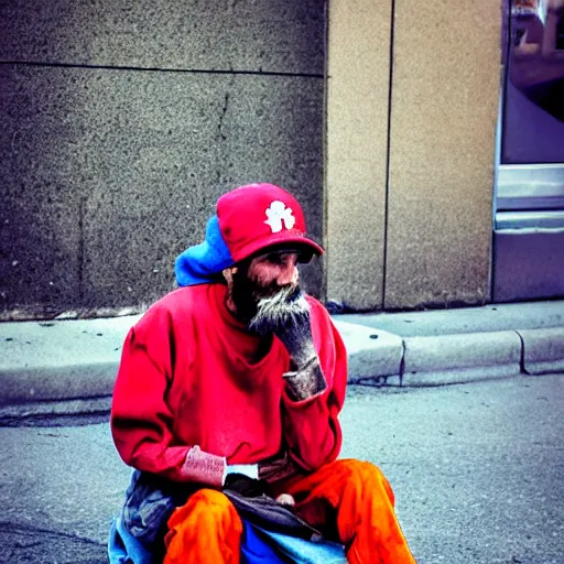 Image similar to homeless megaman begging for food on the street, sad, hobo, photorealistic, trash