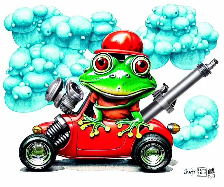 Prompt: cute and funny, frog wearing a helmet riding in a tiny hot rod with exhaust pipes, ratfink style by ed roth, centered award winning watercolor pen illustration, isometric illustration by chihiro iwasaki, edited by range murata, tiny details by artgerm and watercolor girl, symmetrically isometrically centered, focused