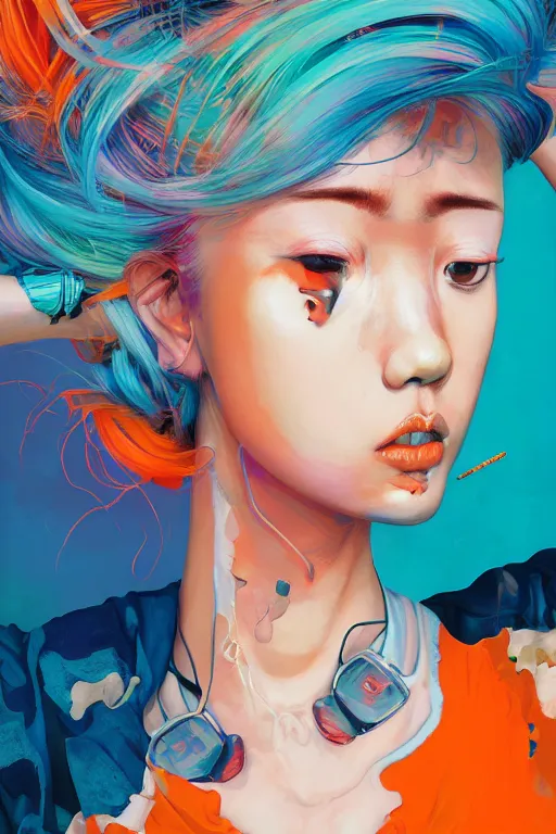 Image similar to a award winning half body portrait of a beautiful woman in a croptop and cargo pants with ombre orange blue teal hairstyle with head in motion and hair flying by yoshii chie and hikari shimoda and martine johanna and will eisner, outrun, vaporware, digital art, trending on artstation, highly detailed, fine detail, intricate