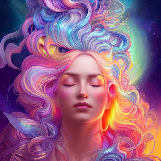 Prompt: woman with flowing iridescent hair, detailed matte fantasy painting, rendered in octane by Lisa Frank by Peter Mohrbacher by Artgerm by Ferdinand Knab by Alena Aenami by Dave LaChapelle