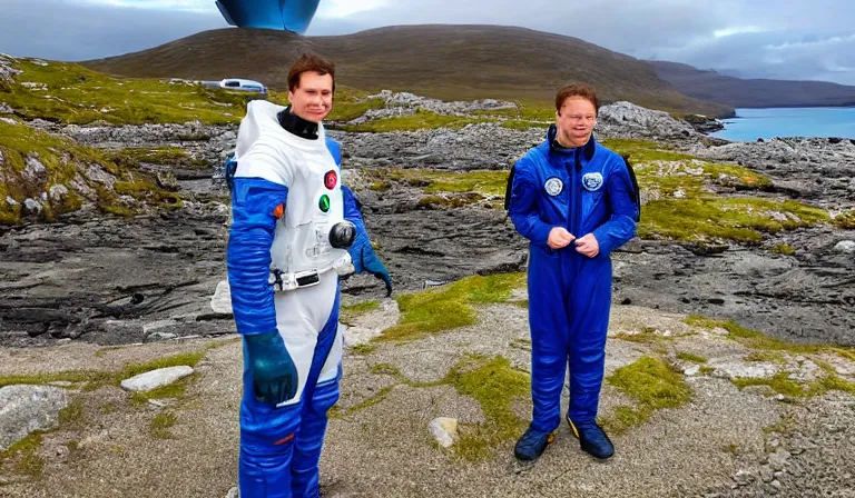 Prompt: astronaut tourist wearing blue space suit, standing in the Isle of Harris, Scotland, a futuristic metallic campervan in the background, wide angle lens, photorealistic