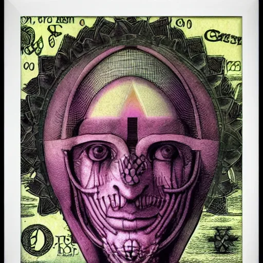 Prompt: post - punk new age album cover, asymmetrical design, frame of a dollar bank notes, capitalism, magic, apocalypse, psychedelic, black white pink, magic, giger h. r., giuseppe arcimboldo