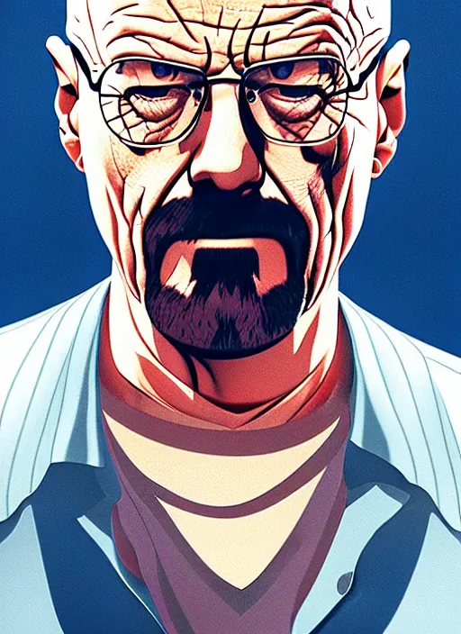 Image similar to highly detailed poster artwork by Michael Whelan and Tomer Hanuka, of Walter White, from scene from Breaking Bad, clean