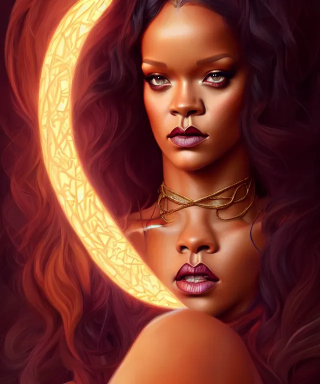 Image similar to Rihanna as a fantasy magic woman portrait, sci-fi, amber eyes, face, long hair, fantasy, intricate, elegant, highly detailed, digital painting, artstation, concept art, smooth, sharp focus, illustration, art by artgerm and greg rutkowski and alphonse mucha