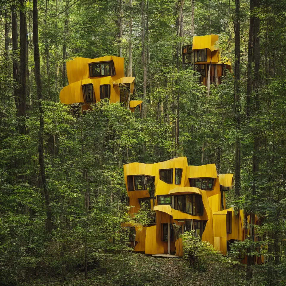 Prompt: a tiny house in the forest, designed by Frank Gehry. Tiles. Film grain, cinematic, yellow hue