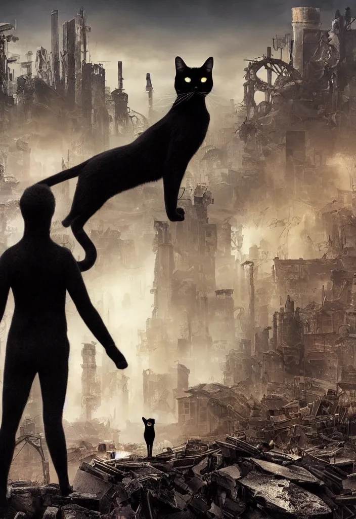 Prompt: One black cat standing on a rock, in the background is a destroyed dystopian city with mist, steampunk, digital art, very detailed, movie poster made by drew struzan, realistic