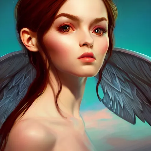 Image similar to 3 / 4 view of a portrait of a cute woman with wings with wings, confident pose, digital art,, concept art, smooth, sharp focus, illustration, trending on artstation, highly detailed, concept art, trevor carlton, mickey demeo, trending on artstation, imax 7 0 mm, h 6 4 0