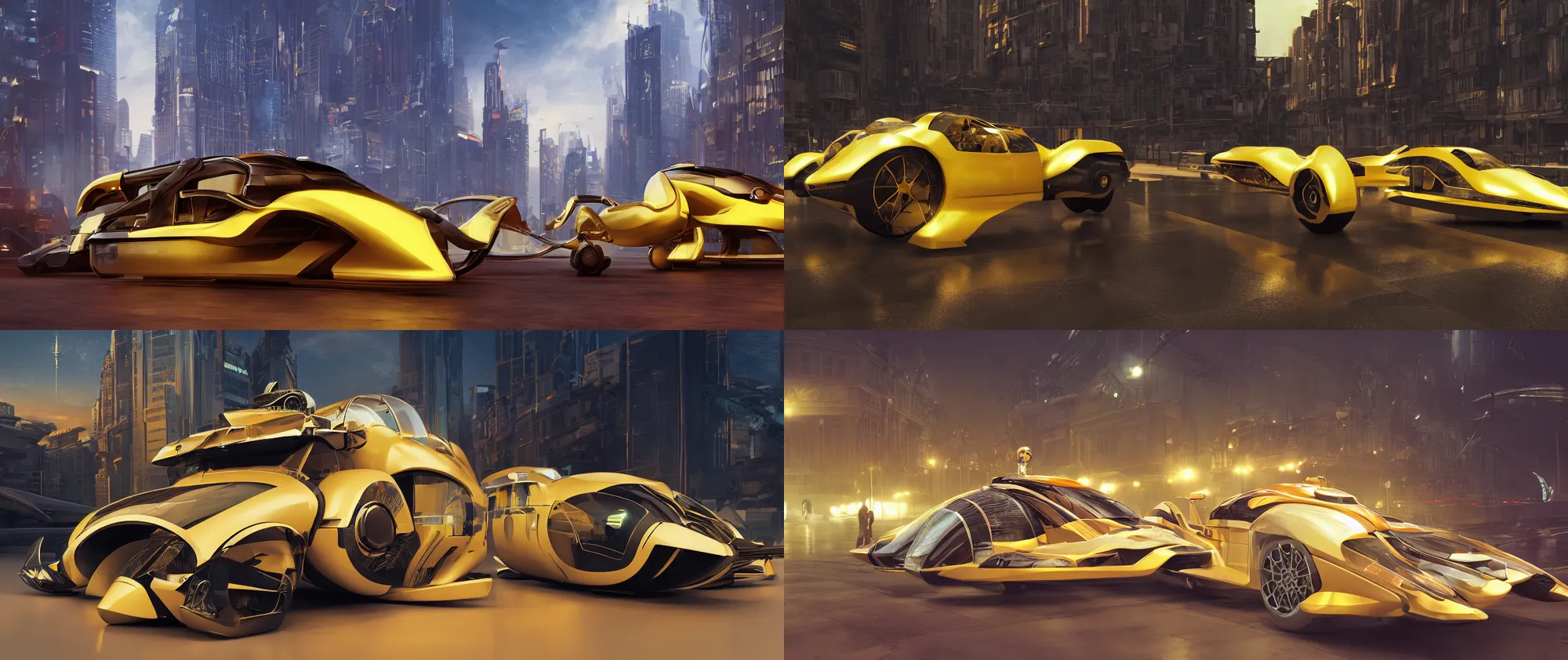 Prompt: Personal hovercraft vehicle designed by Syd Mead, hypermaximalistic, high details, cinematic, 8k resolution, beautifully detailed, insanely intricate details, artstation trending, octane render, hard surface model, warm yellow lights, golden hour, city background in silhouette,