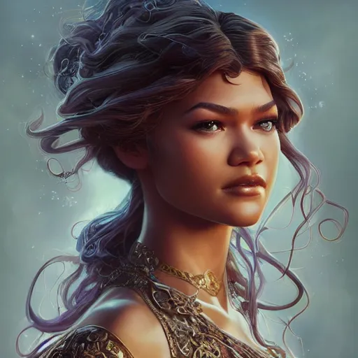 Image similar to beautiful young zendaya, closeup, d & d, fantasy, intricate, elegant, highly detailed, digital painting, artstation, concept art, matte, sharp focus, illustration, art by artgerm and greg rutkowski and alphonse mucha