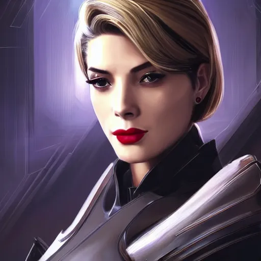 Image similar to A combination of Ada Wong's and Grace Kelly's and Ashley Greene's appearances with blonde hair wearing Warframe armor, high tech, action shot, angular, full body portrait, futuristic, dramatic, fantasy, intricate, elegant, highly detailed, digital painting, artstation, concept art, matte, sharp focus, illustration, 8K, art by Donato Giancola and James Gurney