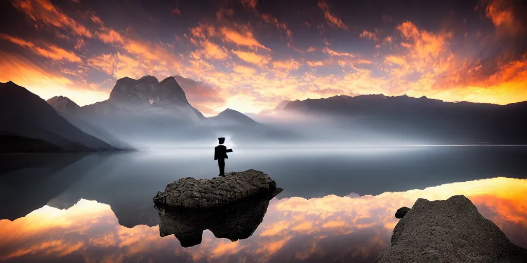 Image similar to amazing landscape photo of a man wearing tuxedo standing on the lake at sunrise by Charlie Waite and Marc Adamus beautiful dramatic lighting, surrealism, sharp, smooth, detailed