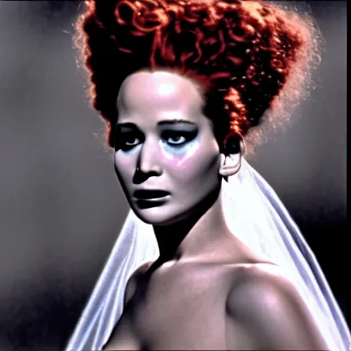 Prompt: jennifer lawrence, color photography, sharp detail, still from the movie bride of frankenstein
