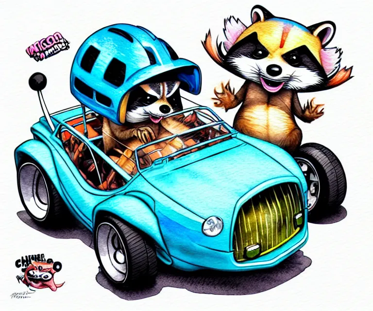 Image similar to cute and funny, racoon wearing a helmet riding in a tiny hot rod plymouth prowler with oversized engine, ratfink style by ed roth, centered award winning watercolor pen illustration, isometric illustration by chihiro iwasaki, edited by range murata, details by artgerm