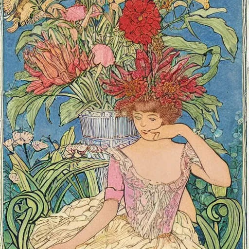 Image similar to a floral fantasy illustration by walter crane