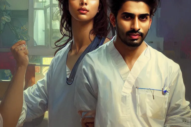 Prompt: Anxious good looking pale young Indian doctors wearing jeans inside a hospital, portrait, elegant, intricate, digital painting, artstation, concept art, smooth, sharp focus, illustration, art by artgerm and greg rutkowski and alphonse mucha