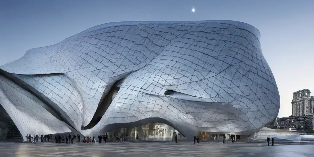 Image similar to extremely detailed ornate stunning beautiful elegant futuristic museum exterior by Zaha Hadid