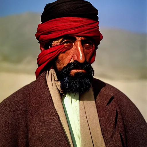 Image similar to portrait of president woodrow wilson as afghan man, green eyes and red scarf looking intently, photograph by steve mccurry