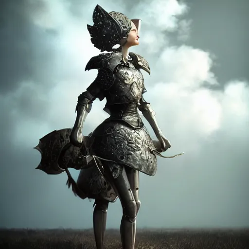 Prompt: medium shot of a woman wearing an armor made of thunderous clouds. coherent face. soft. fragile. by ray caesar. by louise dahl - wolfe. by anna claren. surreal photography. octane render