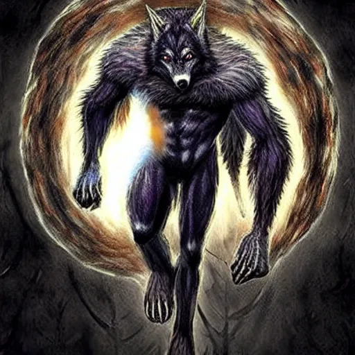 Image similar to half - human, half - wolf, gauru form uratha are generally 8 to 9 feet tall and much heavier and stronger than any human. in this form a werewolf's blood - rage rises to the surface and is much harder to control.