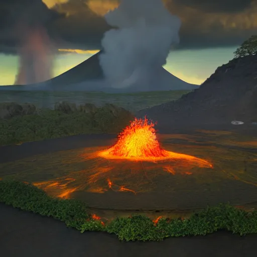 Image similar to pele the goddess of volcanos and hawaii erupting from a volcano, unreal engine, vintage, volumetric light, epic and fiery and beautiful in a sense of awe