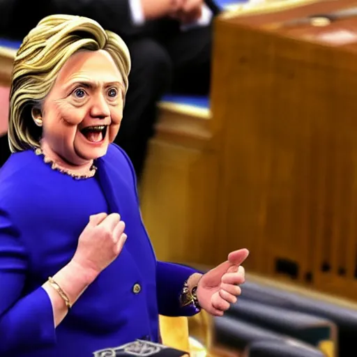 Image similar to hillary clinton with tears on her cheek in parliament 4 k realistic phote