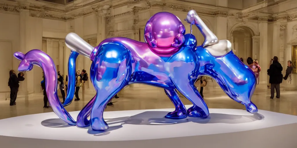 Prompt: jeff koons sculpture displayed in an art exhibit