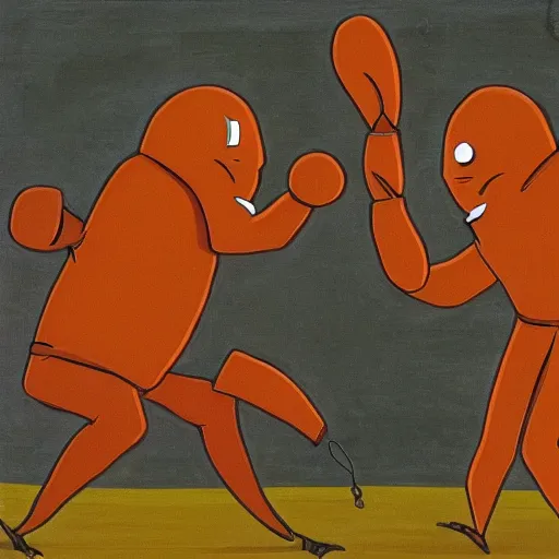 Prompt: Robert Wyatt battling a humanoid carrot in an epic fistfight, dramatic, detailed, 4k