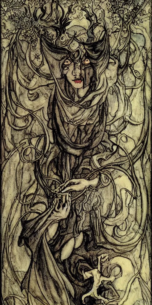 Image similar to tarot card detailed painting, illustration, tarot card framing with roman numbers, in style of Arthur Rackham