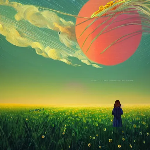 Image similar to giant daisy flowers as a head, girl walking in wheat field, hills, surreal photography, moon light, dark night, star trails, dramatic light, impressionist painting, clouds, digital painting, artstation, simon stalenhag