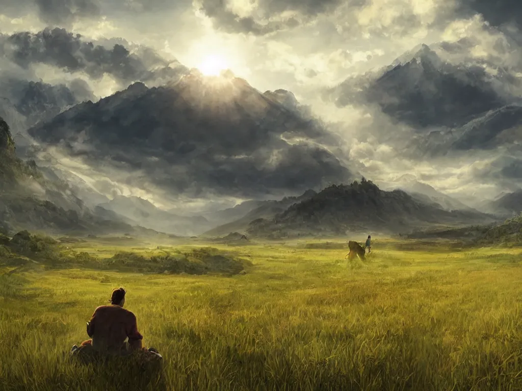 Image similar to a cinematic landscape view looking at an open field, a man sits in the field looking at the sky, mountains in the distance with a river running down, the sun shines through the parted clouds, digital painting, fantasy, art by alexandre mahboubi and christophe oliver