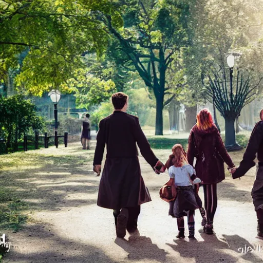 Prompt: a family walking through a park, set in a steampunk world