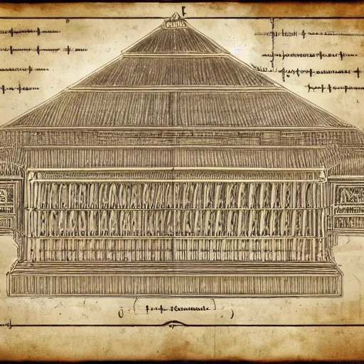 Image similar to detailed schematic for an ancient temple construction, faded parchment, aged, descriptions, highly detailed, 8 k,