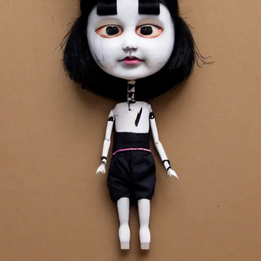 Prompt: a doll with black hair and a white face, a character portrait by kano sanraku, cgsociety, mingei, creepypasta, made of trash, made of cardboard