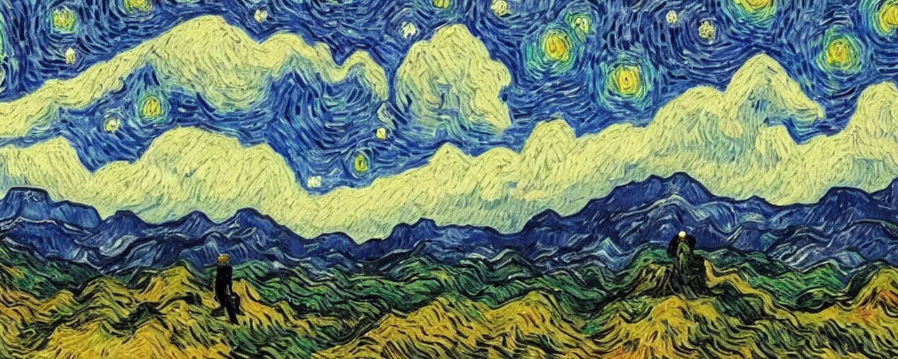 Prompt: landscape, mountain range in foreground, sky, style of Van Gogh starry night, atmospheric, small man in center standing on mountain, mist in valleys